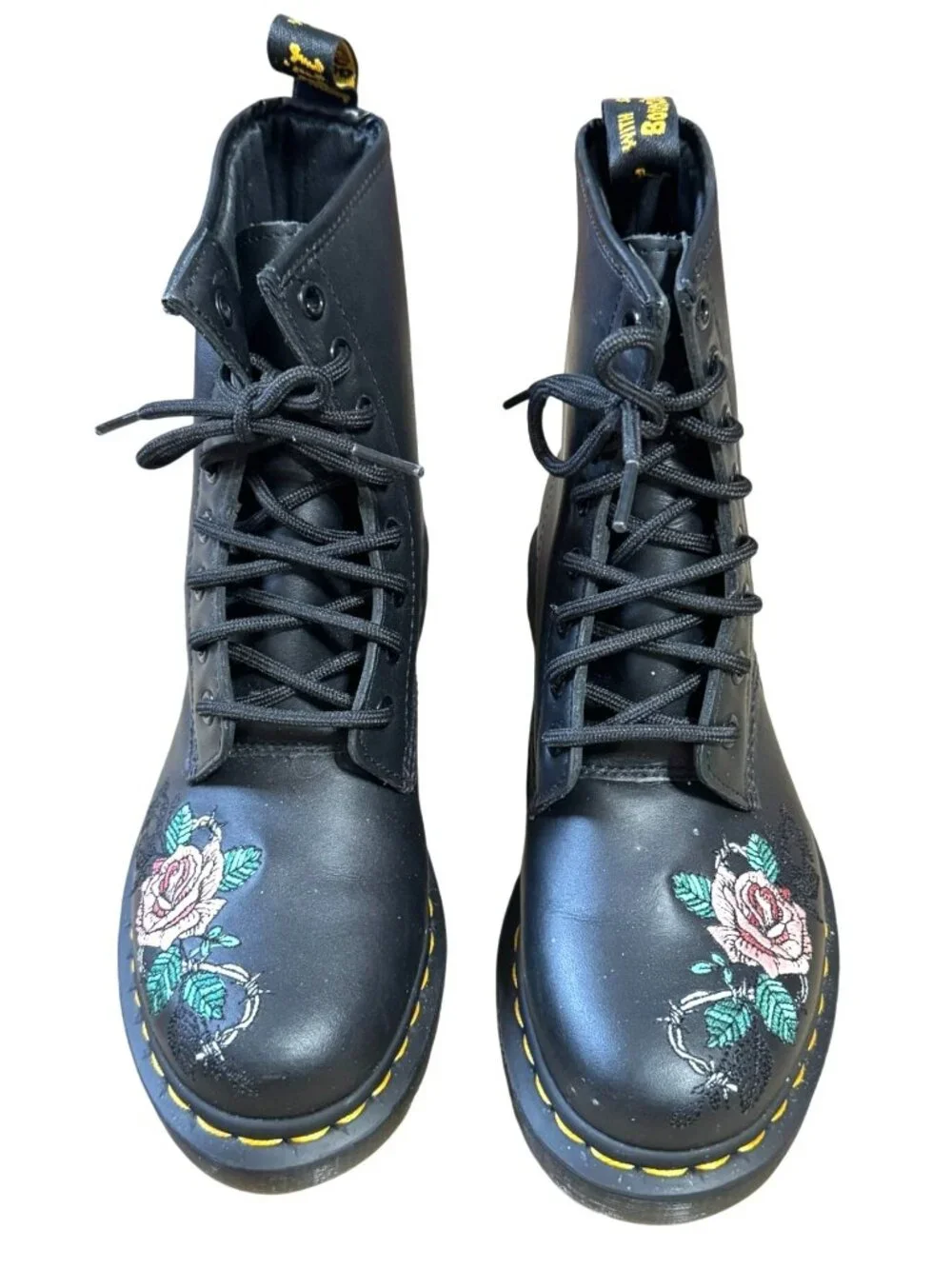 NEW Dr Martens Vonda Chain II Boots Size 6 Black Leather Embroidered Pink Roses